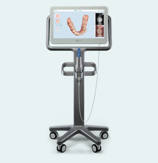 Digital orthodontic imaging system on mobile stand displaying teeth scan analysis